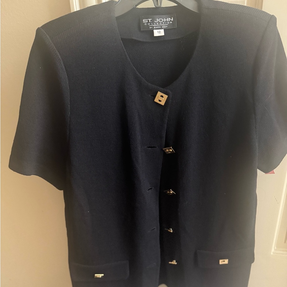St. John Collection Short-Sleeve Santana Knit Tunic Jacket in Navy - 12